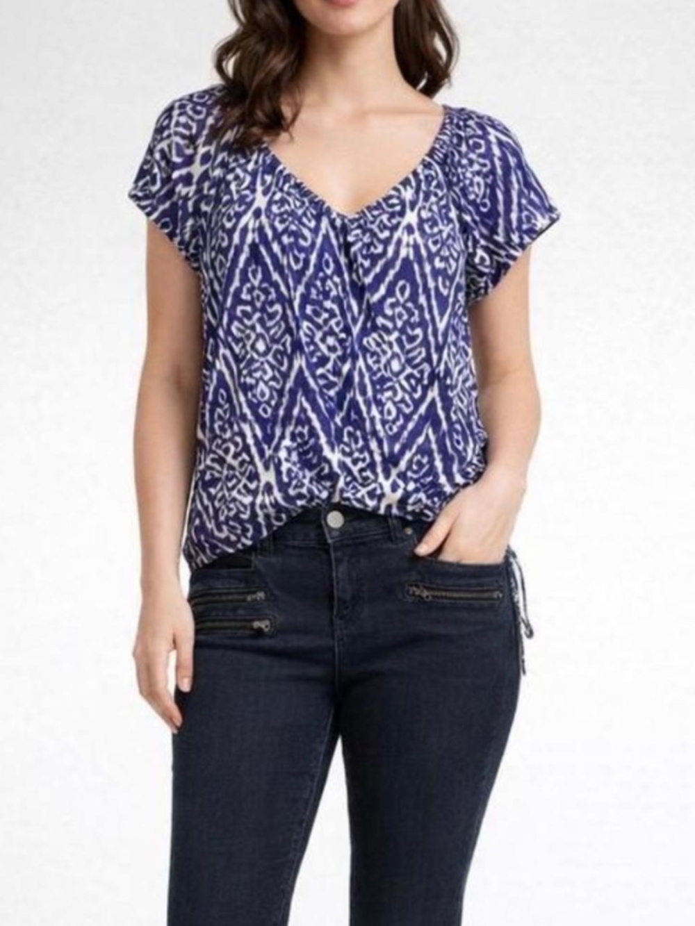 Blue and White Ikat Print Short Sleeve Sheer Women's Peasant Blouse Top Small